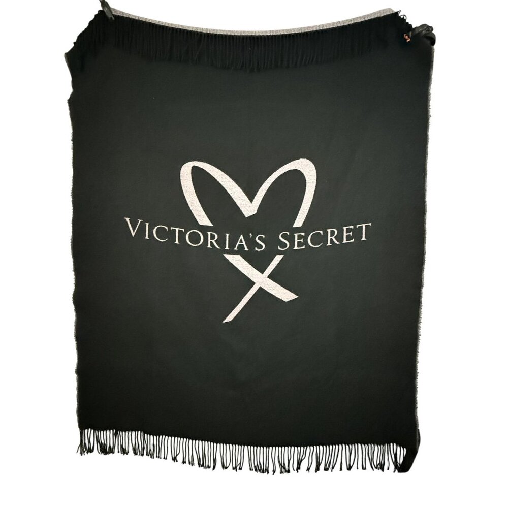 Victoria's Secret Throw Blanket With Fringe & Logo Design Black Pink Soft 50x50"